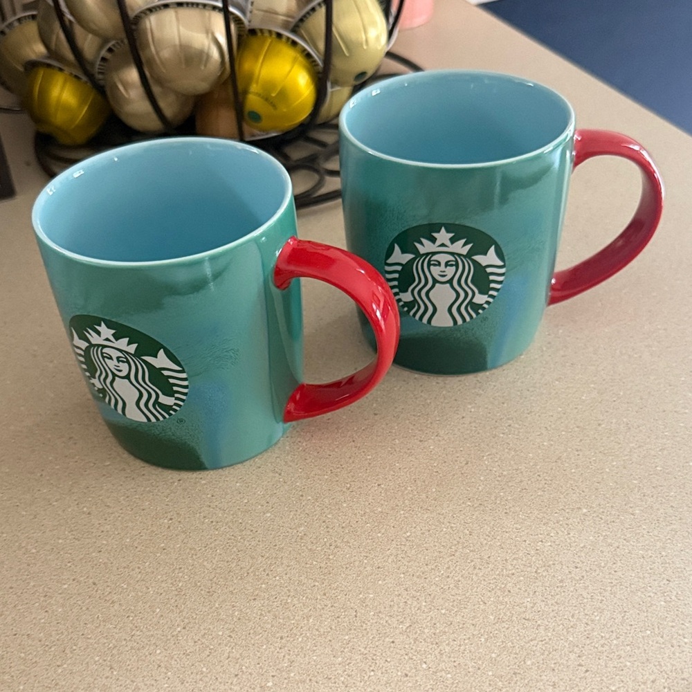 Starbucks Teal and Red Mug Set